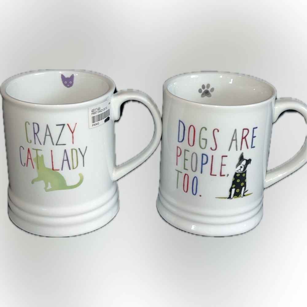 CRAZY CAT LADY & DOGS ARE PEOPLE TOO ceramic mug set of 2-12oz each-NWT